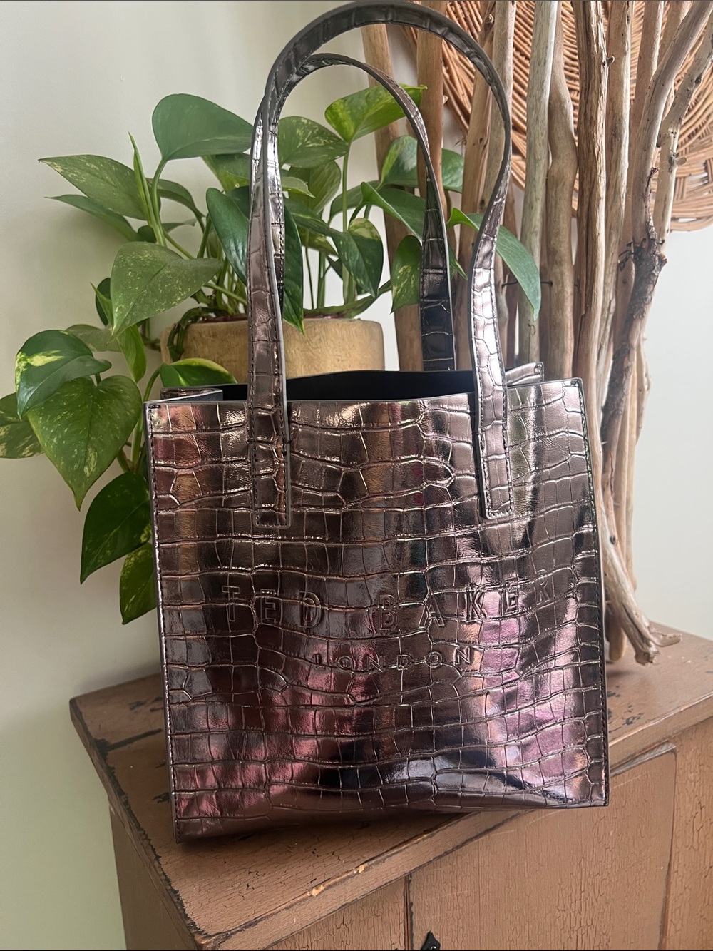 TED BAKER Reptcon Imitation Crocodile Small Icon Bag Gunmetal Metallic